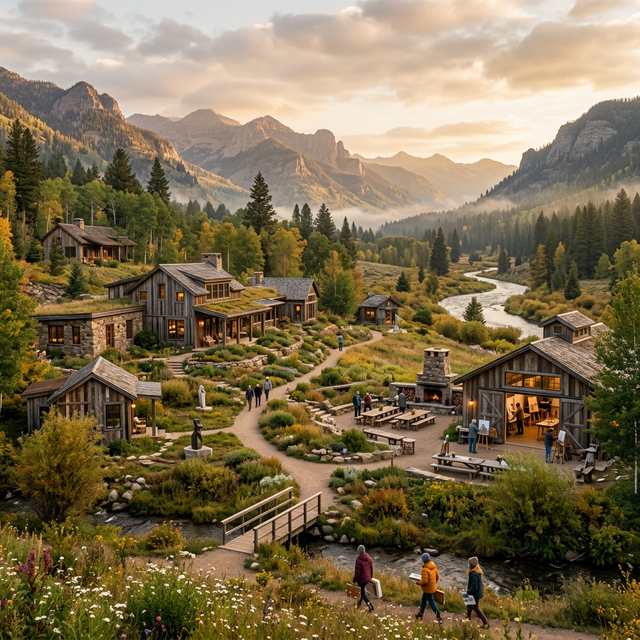 A serene artist compound in a natural landscape